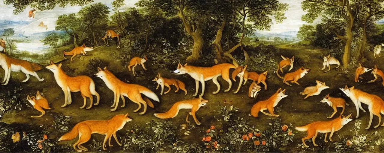 Prompt: A group of foxes and wolves running through the forest, masterwork painting by Jan Brueghel the Elder