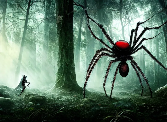 Image similar to knight fights off a giant white crystal clear spider with huge red eyes in a forest. highly detailed 8 k. intricate. lifelike. soft light. fantasy horror style. cinematic post - processing