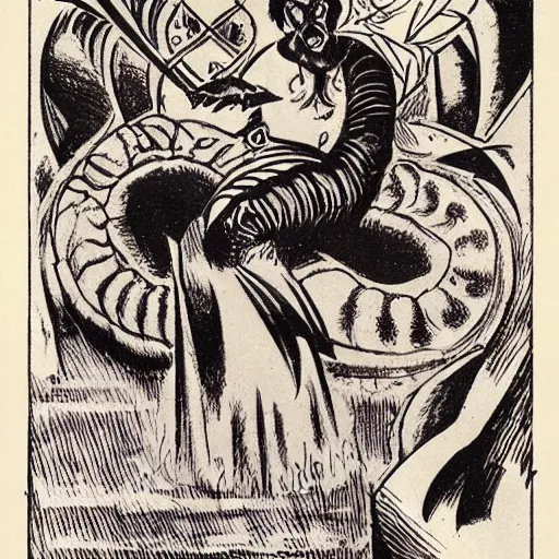 Image similar to voroni diagram sinister, turbulent by martiros saryan, by mike mignola. a beautiful illustration of a snake eating its own tail that seems to go on forever.