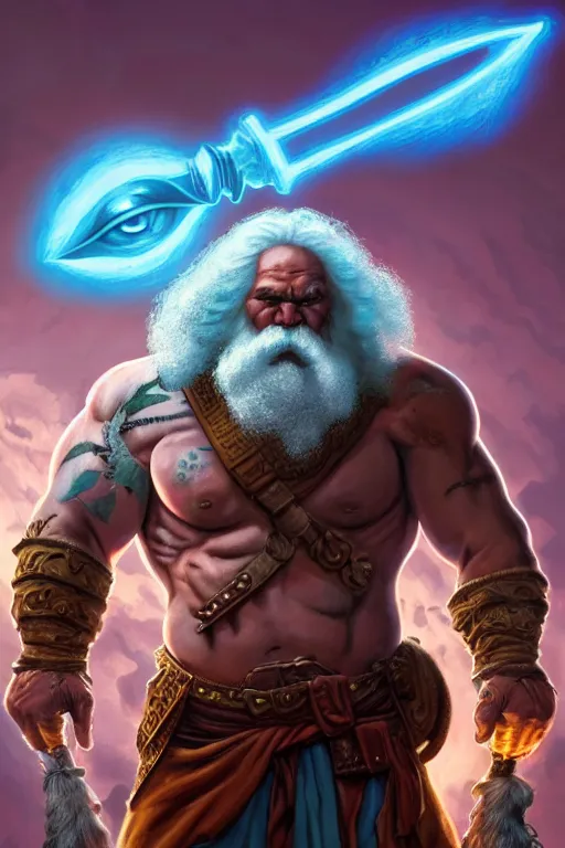 Image similar to character portrait of buff barbarian karl marx with a tattoo of an eye on his forehead, dungeons and dragons artwork, dynamic composition, dramatic lighting, trending on artstation, award winning art, stylized painting by sophie anderson, wayne barlowe, richard corben, concept art, 4 k, 8 k, gold and teal color scheme