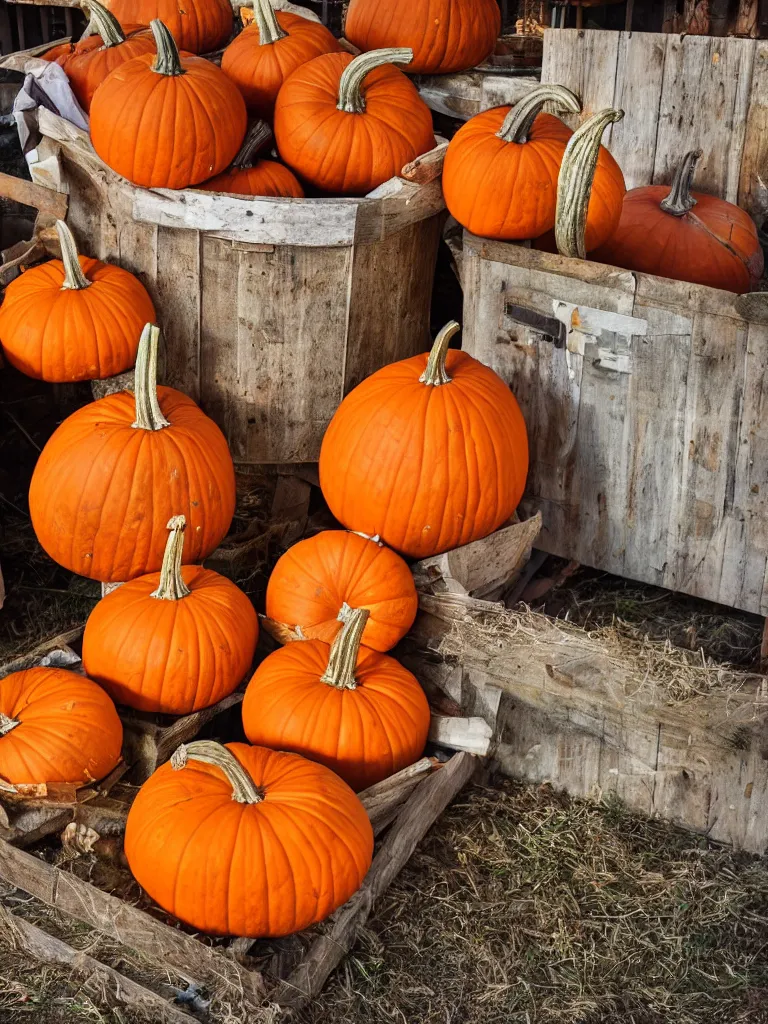 Image similar to photorealistic pumpkins in a wood bin, farmer's market setting, vivid colors, soft lighting, atmospheric, cinematic, 8k