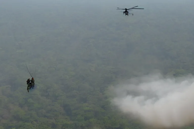 Image similar to bangladesh army commander jumping from a helicopter, cinematic shot, motion still, atmospheric