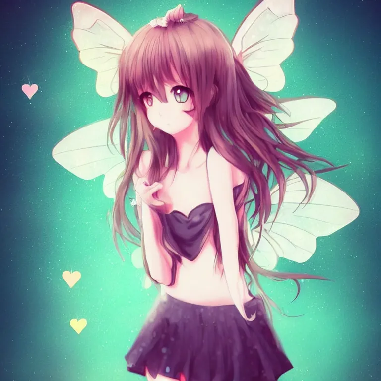 Image similar to cute, full body, female, anime style, a cat girl with fairy wings, large eyes, beautiful lighting, sharp focus, simple background, creative, heart effects, filters applied, illustration