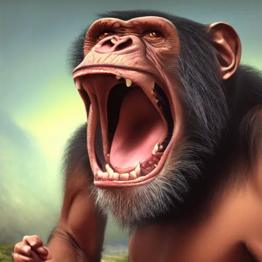 Image similar to Strong Angry Chimpanzee Screaming, Boris Vallejo, Epic, 8k resolution, ArtStation, Hyperrealistic