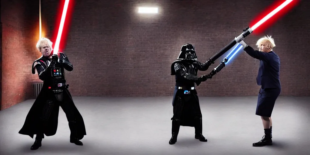 Prompt: boris johnson in a intense light saber battle with darf vader