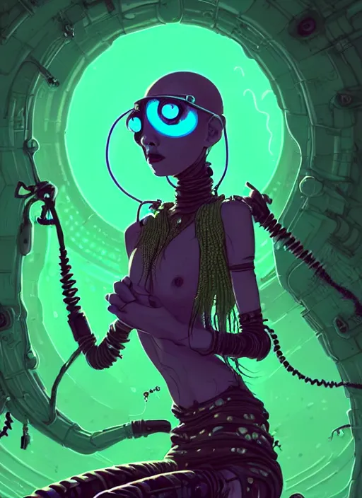 Image similar to highly detailed portrait of a beautiful wasteland punk long dripping green poison hair tribal lady, stray wiring by atey ghailan, james gilleard, by joe fenton, by greg rutkowski, by greg tocchini, by kaethe butcher, 4 k resolution, gradient purple, brown black and white color scheme!!! ( ( green flaming robotic sewer background ) )