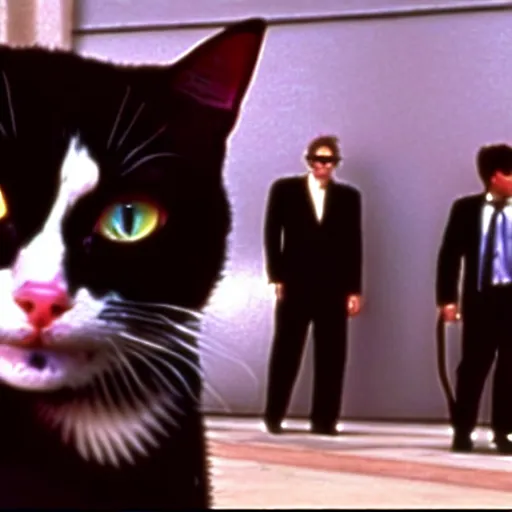 Prompt: a still of a cat in the movie reservoir dogs mr. pink