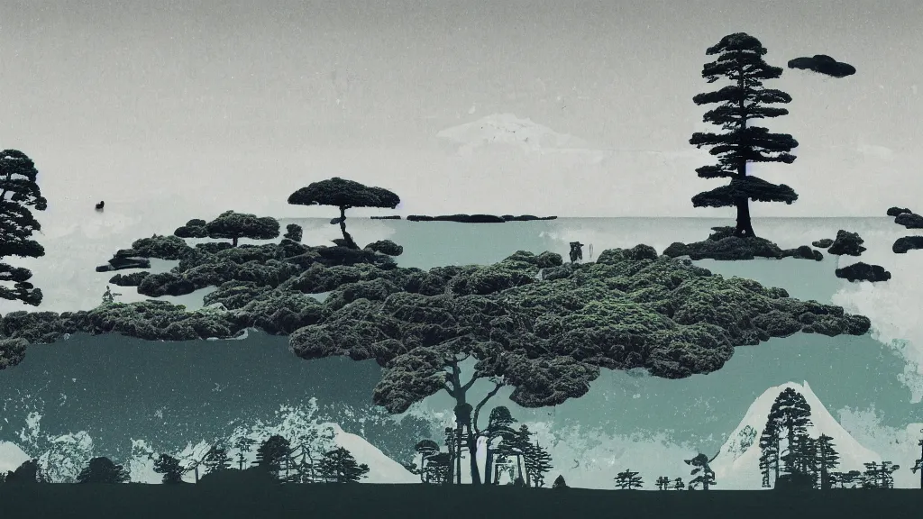 Image similar to a seaside landscape with sequoia trees, japan, a collage painting, in the style of wes anderson, lola dupre, david hockney, isolated on negative white space background dark monochrome neon spraypaint accents volumetric octane render