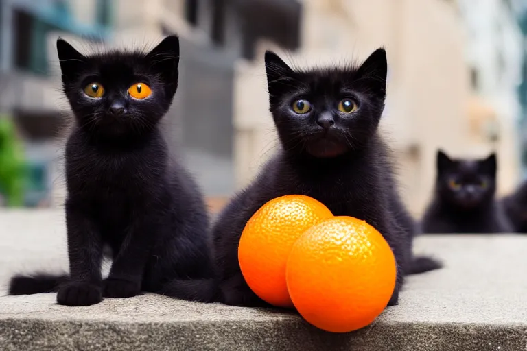 Prompt: a bunch of black kittens with beautiful glowing orange eyes, in the city having a great time, award winning photo, 4k very sharp and detailed