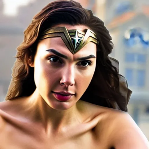 Image similar to Still of Gal Gadot as Wonder Woman, 50% Mediterranean, stunning closeup, 35mm F/1.2