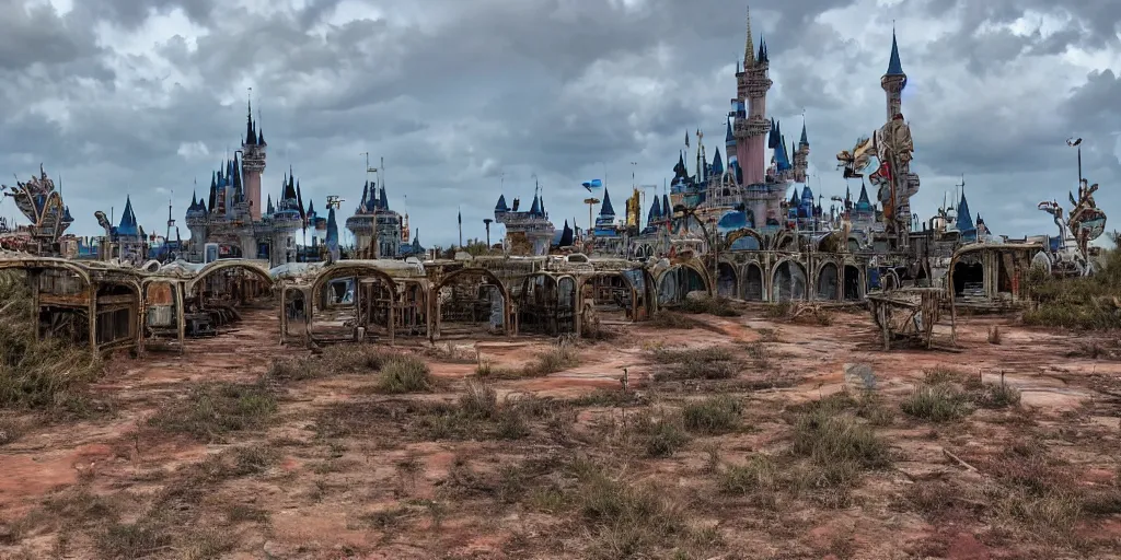 Image similar to post - apocalyptic magic kingdom, wasteland, barren, monorail, abandoned, walt disney world, highly detailed, intricate, 8 k