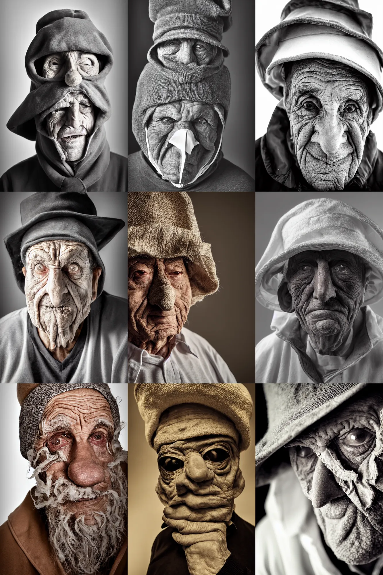 Prompt: high contrast studio close - up portrait of a wrinkled old man wearing a pulcinella mask, clear eyes looking into camera, baggy clothing and hat, backlit, dark mood, nikon, photo by lisa kristine, masterpiece