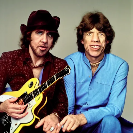 Prompt: color photoshoot of roy buchanan and mick jagger