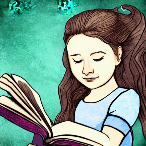 Image similar to dnd style portrait of a girl reading a book, her hair flowing down