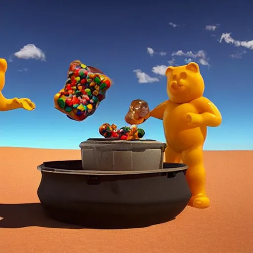 Prompt: promotional movie still the biggest frying pan in the world is in a desert. in the pan are life - size gummi bears that are melting. it's very sunny and very hot. the gummi bears are sweating. octane 3 d render, ue 5, cinematic, imax 7 0 mm, product lighting, dramatic lighting. concept art, ultrarealistic, very detailed.