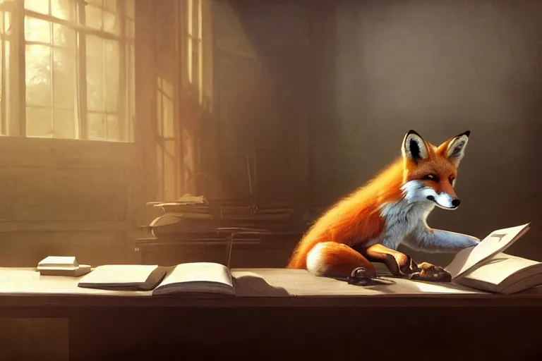 Image similar to portrait of a fox sat at a school desk doing schoolwork, trending on artstation, highly detailed, digital painting, volumetric light, concept art, middle focus, illustration, lighting by Marc Adamus, daren bader, aleksi briclot, rutkowski, bouguereau