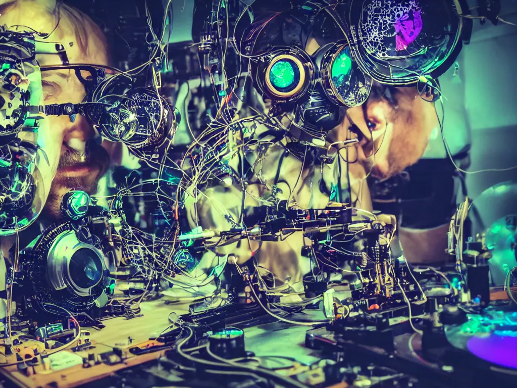 Image similar to a person wearing goggles and visor and headphones using a steampunk record player contraption, wires and tubes, turntablism dj scratching, intricate planetary gears, cinematic, imax, sharp focus, leds, bokeh, iridescent, black light, fog machine, hazy, lasers, hyper color digital art, cyberpunk