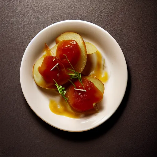 Image similar to Alinea dish - Potato with Ketchup, food photography, award winning, Grant Achtz