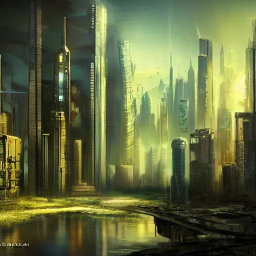 Image similar to a landscape, matte painting, cyberpunk, by par olofsson