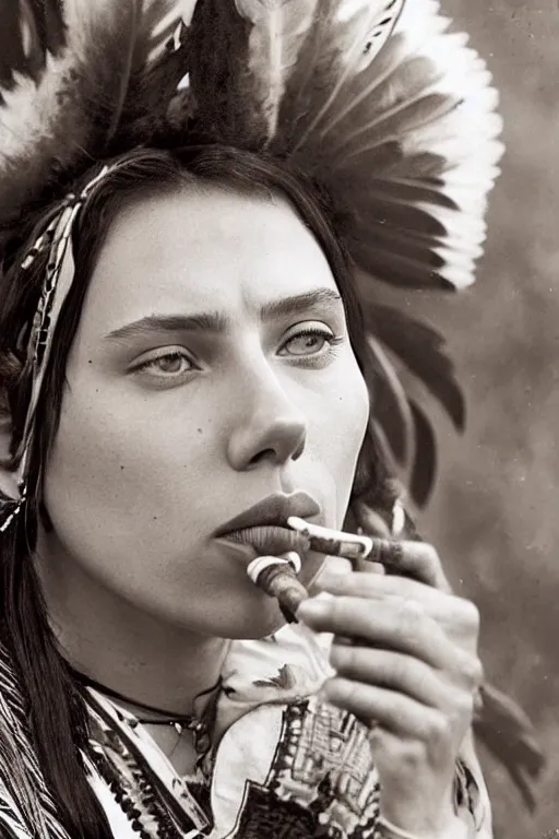 Image similar to photo of a beautiful native american indian woman, scarlett johansson smoking a pipe of peace, portrait, skilled warrior of the apache, ancient, realistic, detailed