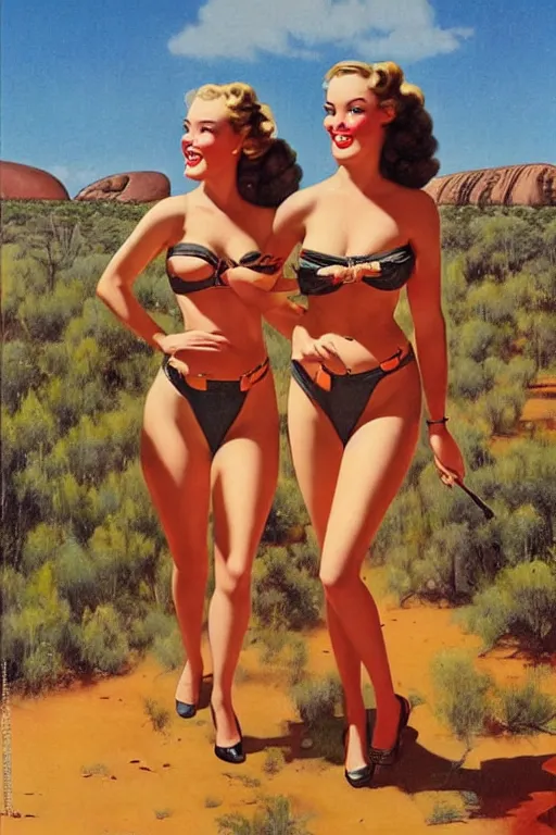 Image similar to 1940s group of pinup bikini girls walking around 1940s Ayers Rock, Uluru, in Australia, oil painting, by Gil Elvgren