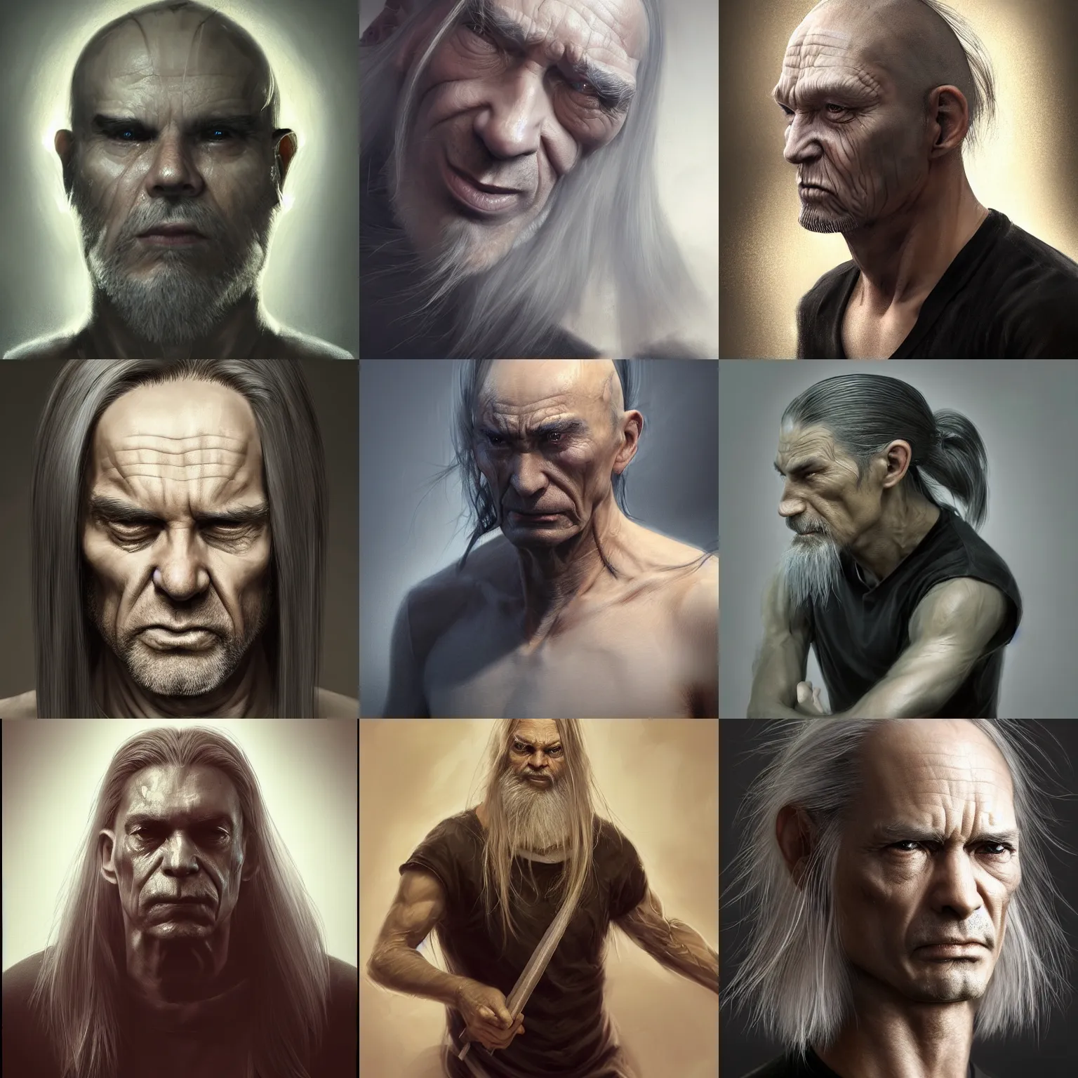 Prompt: grumpy man, 4 5 yo, emaciated face, shaved, extremely long blonde straight hair in a ponytail, black t - shirt, 3 d render, hyper - realistic detailed portrait, ruan jia, wlop. scifi, fantasy, magic the gathering, hyper detailed, octane render, concept art, peter mohrbacher