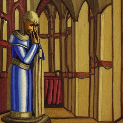 Prompt: A robot prays in a church in medieval England, oil painting