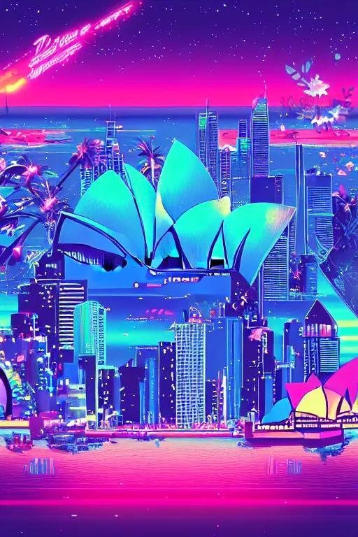 Prompt: sydney new year's eve, epic retrowave art, trending on art station