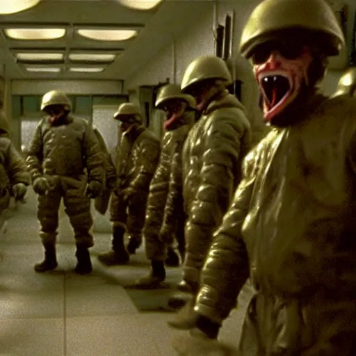 Image similar to filmic extreme wide shot dutch angle movie still 4k UHD interior 35mm film color photograph of soldiers being mutilated by a spiney shape shifting organism from The Thing 1982, in the style of a 1980s horror film