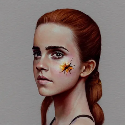 Image similar to Africa, beautiful portrait of Very funny actress Emma Watson like a ginger big red monkey, face like monkey with banana, Emma Watson actress blended monkey face paint, like , powerful , magic, thunders, dramatic lighting, intricate, wild, highly detailed, digital painting, artstation, concept art, smooth, sharp focus, illustration, art by artgerm and greg rutkowski and alphonse mucha, footage