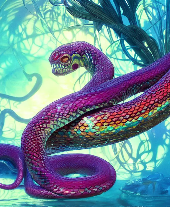 Prompt: colorful transparent portrait of a disturbing beautiful alien snake creature, mottled coloring, adorable, childlike, underwater environment, ultra realistic, concept art, art nouveau, photorealistic, octane render, 8 k, unreal engine. art by christopher marley and artgerm and greg rutkowski and alphonse mucha