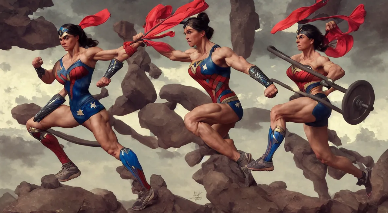 Prompt: a gorgeous athletic crossfit fitness wonderwoman, reference sheet, artstation, concept art, vibrant colors!, smooth, sharp focus, illustration, fantasy style, ray tracing, hyperdetailed, art by hieronymus bosch and francisco goya and norman rockwell and artgerm and alphonse mucha and greg rutkowski
