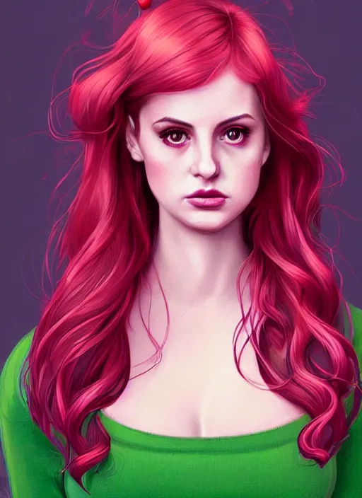 Image similar to full body portrait of teenage cheryl blossom, bangs, green eyes, sultry expression, red hair, sultry smirk, bangs and wavy hair, pink skirt, intricate, elegant, glowing lights, highly detailed, digital painting, artstation, concept art, smooth, sharp focus, illustration, art by wlop, mars ravelo and greg rutkowski