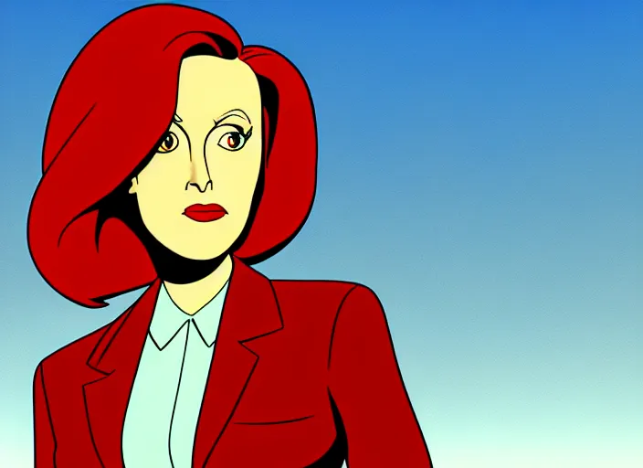 Prompt: dana scully on the x - files : the animated series, shaded animation still, animation model, sharp detail, animation cel, thin linework, in the style of don bluth, bruce timm, alex toth, filmation, toei animation, studio trigger, 5 k, hd