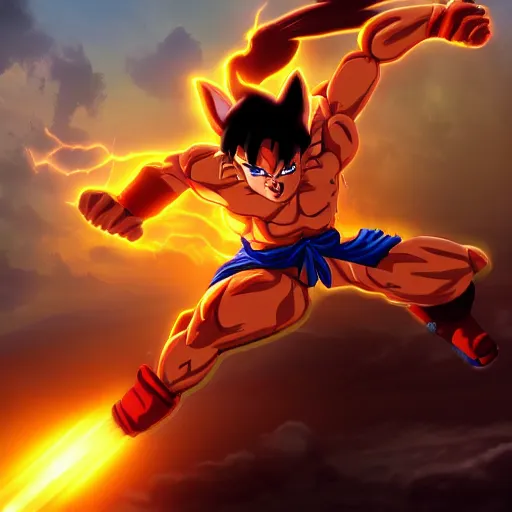 Image similar to cat goku special attack charging, golden hour, fantasy, sharp focus, digital art, hyper realistic, 4 k, unreal engine, highly detailed, hd, dramatic lighting by brom, trending on artstation