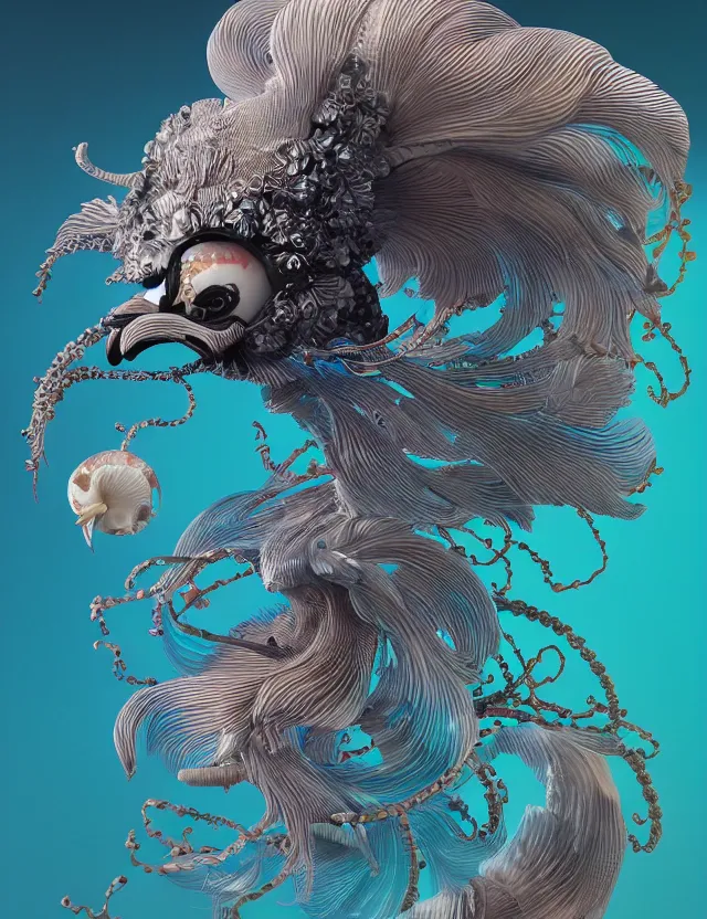 Image similar to 3 d abstract ornament. ram skull. beautiful intricately detailed japanese crow kitsune mask and clasical japanese kimono. betta fish, jellyfish phoenix, bio luminescent, plasma, ice, water, wind, creature, artwork by tooth wu and wlop and beeple and greg rutkowski