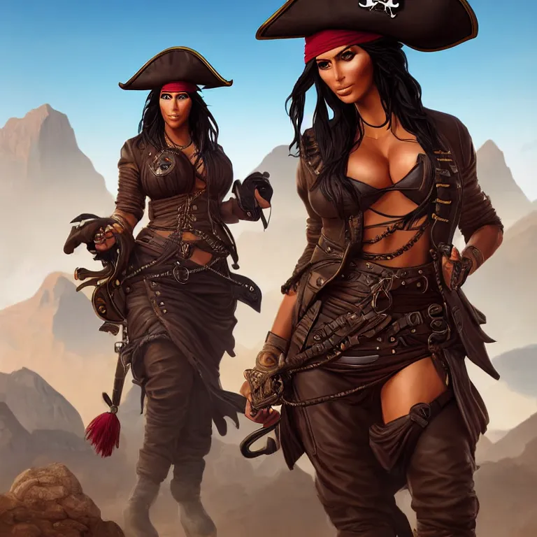 Prompt: pirate kim kardashian as an apex legends character digital illustration portrait design by, mark brooks and brad kunkle detailed, gorgeous lighting, wide angle action dynamic portrait