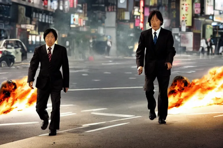 Image similar to cinematography action movie closeup portrait of a Japanese business man carrying his dog running from an explosion in Tokyo by Michael Bay