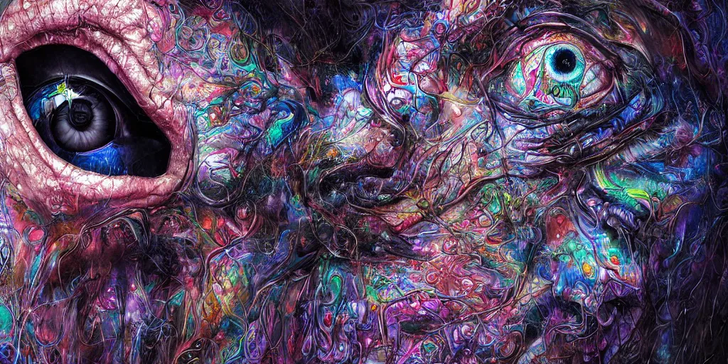 Image similar to realistic portrait of a creature experiment gone wrong, opened portal, psychedelic, dark art, facing camera, photo realistic, detailed, 1 4 5 0, delicate, hyper realism, ultra realistic, 8 k