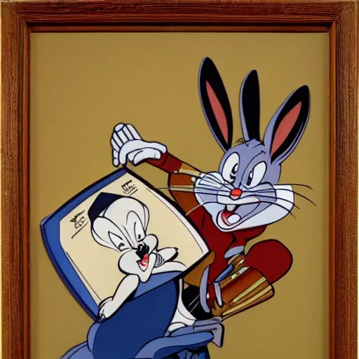 Image similar to bugs bunny portrait, rule of thirds, super sharp, 4 k, ultra detailed, norman rockwell, richard corben, epic scope.