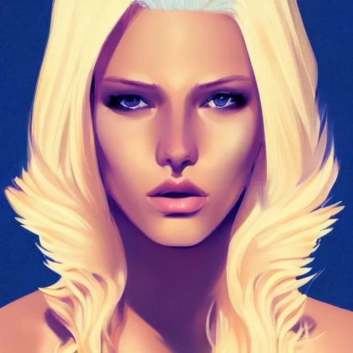 Image similar to a stunning upper body portrait of a beautiful woman with bleach blonde hair blowing in the wind by marvel comics, digital art, trending on artstation