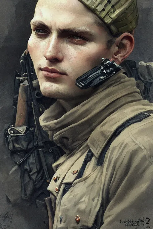 Prompt: A full portrait of a german world war two soldier, intricate, elegant, highly detailed, digital painting, artstation, concept art, smooth, sharp focus, illustration, art by Krenz Cushart and Artem Demura and alphonse mucha