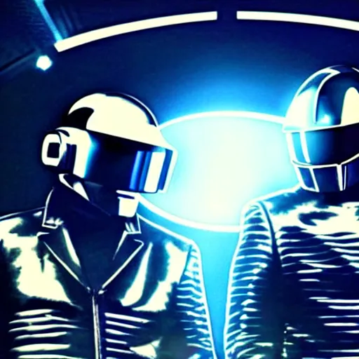 Image similar to Daft Punk duo near each other standing above a spaceship in space, seen from far away, realistic, high quality