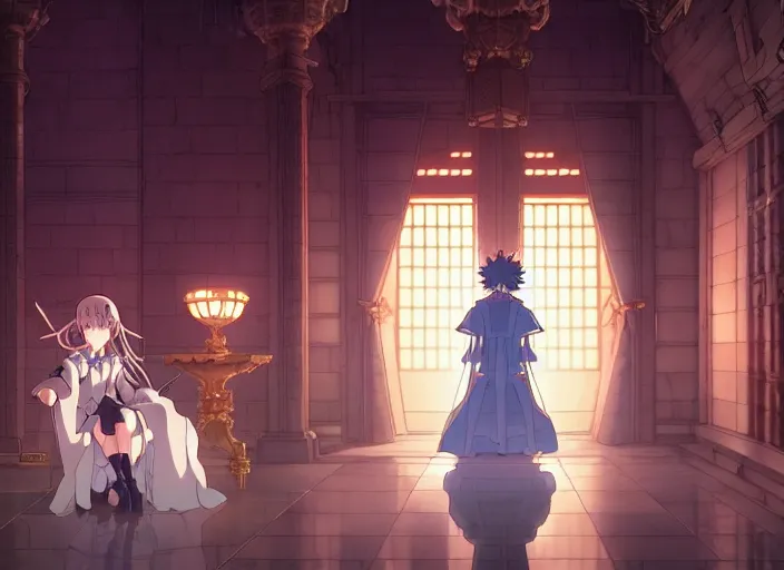 Image similar to key anime visual portrait of the interior of a castles throne room, servants, dynamic pose, cinematic, film grain, designed by yoh yoshinari but drawn by range murata, detailed, intricate, at night, dramatic lighting