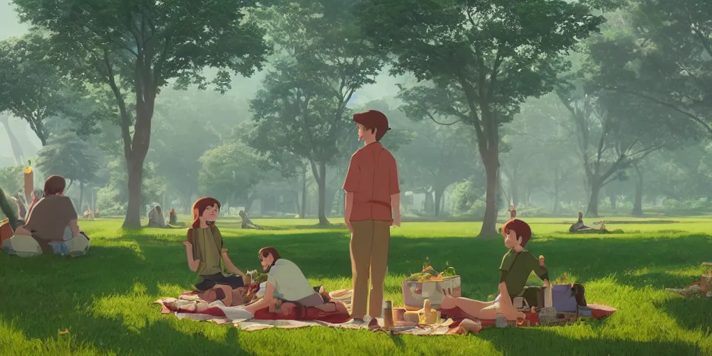 Image similar to a film still of a picknick in the park, medium shot, waist up, wes anderson, studio ghibli, pixar and disney animation, sharp, rendered in unreal engine 5, anime key art by greg rutkowski, bloom, dramatic lighting