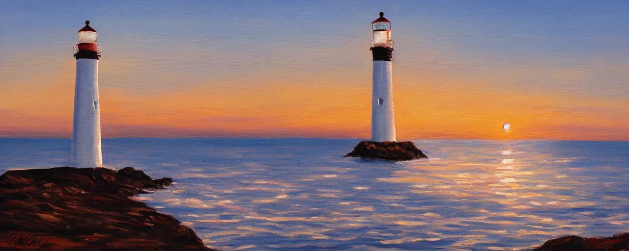 Image similar to A painting of a white lighthouse by the ocean at sunset