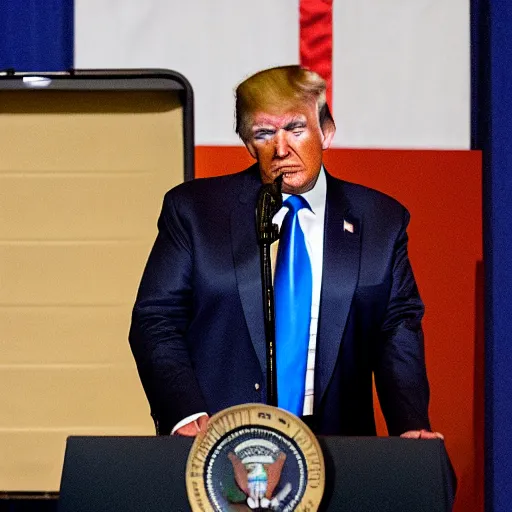 Prompt: trump with the nuclear codes flying out of a briefcase, ap photo, harsh lighting, press conference