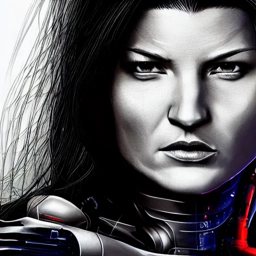 Prompt: beautiful digital painting of gina carano with a robotic cybernetic metallic grey arm, cyberpunk, highly detailed, hyperrealism, concept art, 8 k