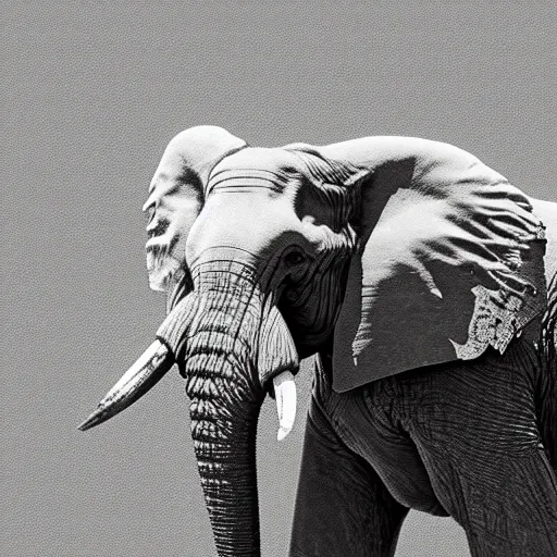 Image similar to an elephant holding a golden sword with his mouth, 1 bit render, strictly 1 bit, grey scale.