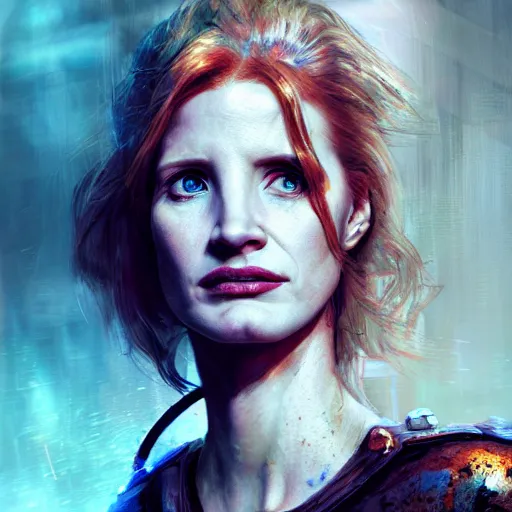 Image similar to jessica chastain portrait, dystopia core, apocalyptic, armor, warrior, dramatic, sharp focus, fiction, neon, fantasy, hyper detailed, digital art, trending in artstation, cinematic lighting, studio quality, smooth render, unreal engine 5 rendered, octane rendered, art style and nixeu and wlop and krenz cushart